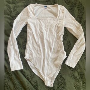 White Long Sleeve Square Neck Ribbed Bodysuit